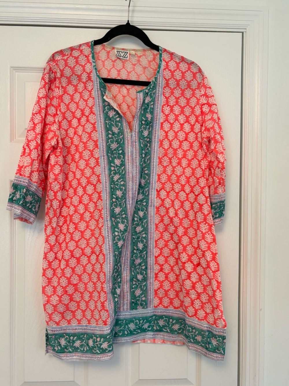 SZ Blockprint Kaftan Tunic Dress Large Coral Green Floral 100% Cotton Coverup